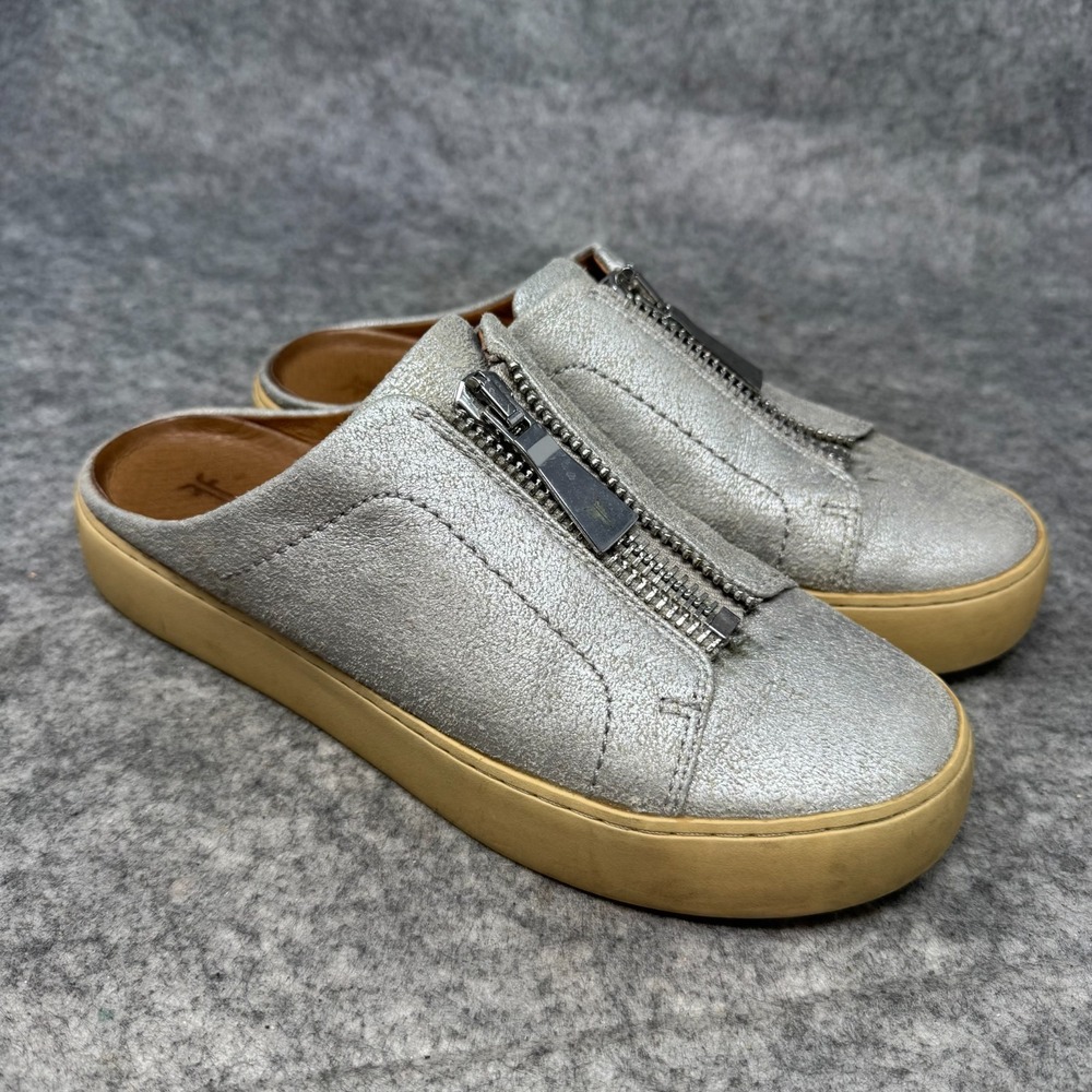 Frye Lena Zip Mule Slip On Sneakers Womens 6.5 Metallic Silver Leather Platform